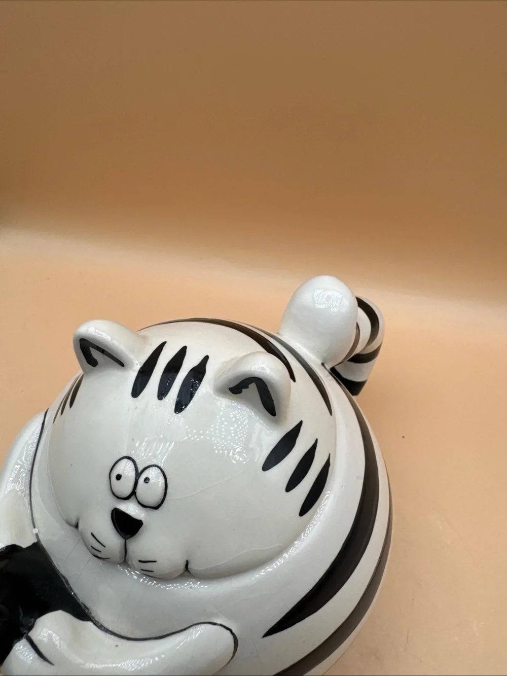 Pier 1 White and Black Striped Cat Toy Figurine with Pink Accent